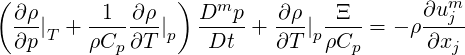 (                 )
  ∂ρ-    -1--∂ρ-    Dmp--  ∂ρ-  -Ξ--     ∂umj-
  ∂p|T + ρCp ∂T |p   Dt  + ∂T |pρCp = - ρ∂xj
