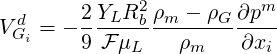         2 YLR2 ρm - ρG ∂pm
V dGi = -------b------------
        9 F μL    ρm   ∂xi
