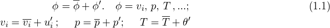               --
          ϕ = ϕ + ϕ′.  ϕ = vi, p, T ,...;                      (1.1)
v =  v-+ u′;   p = p+ p′;  T  = T-+ θ′
 i    i   i
